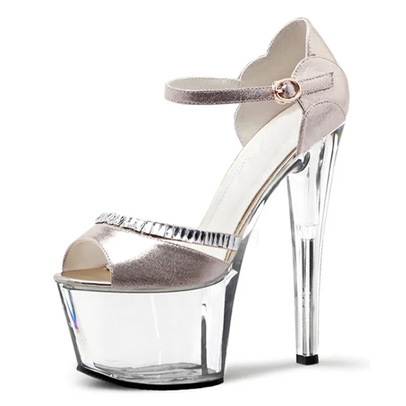 

Прозрачные хрустальные подошвы 17 см, европейские и американские шоу-туфли, глянцевые золотые и серебряные сандалии для сценического шоу