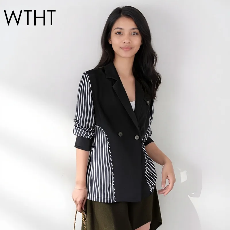 

WTHT Trendy New Women's Striped Patchwork Design Blazer 2025 Autumn Fashion Long Sleeve Lapel Jacket Female 1LS2289