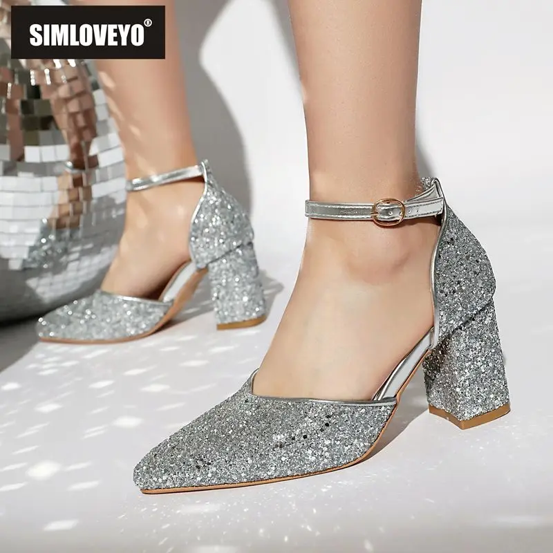 

SIMLVOEYO Brand Women Sandals Pointed Toe 7.5cm Block Heels Buckle Strap Sequin Bling Sexy Dating Party Shoes Big Size 46 47 48