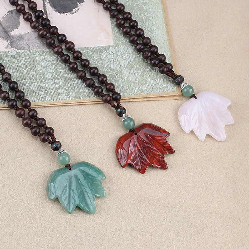 

DIY accessories Ethnic style maple leaf jade long wooden beads sweater chain men's and women's versatile clothing tourist attrac