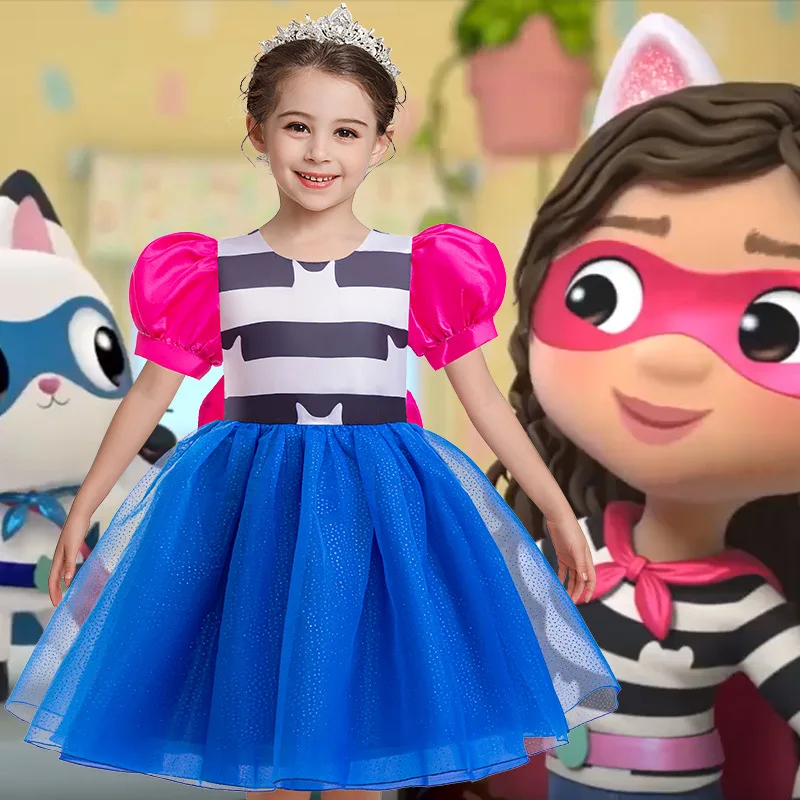 فستان أميرات من Gabby مع قوس للفتيات ، زي الأطفال ، كم منفوخ ، فستان تول بفيونكة ، عصابة رأس قطة ، ثوب عيد ميلاد الهالوين
