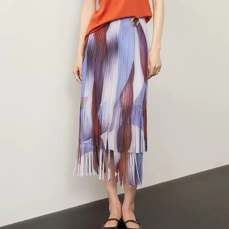 Printed retro pleated fringed skirt skirts for women korean fashion clothing long skirts for women Loose Fit