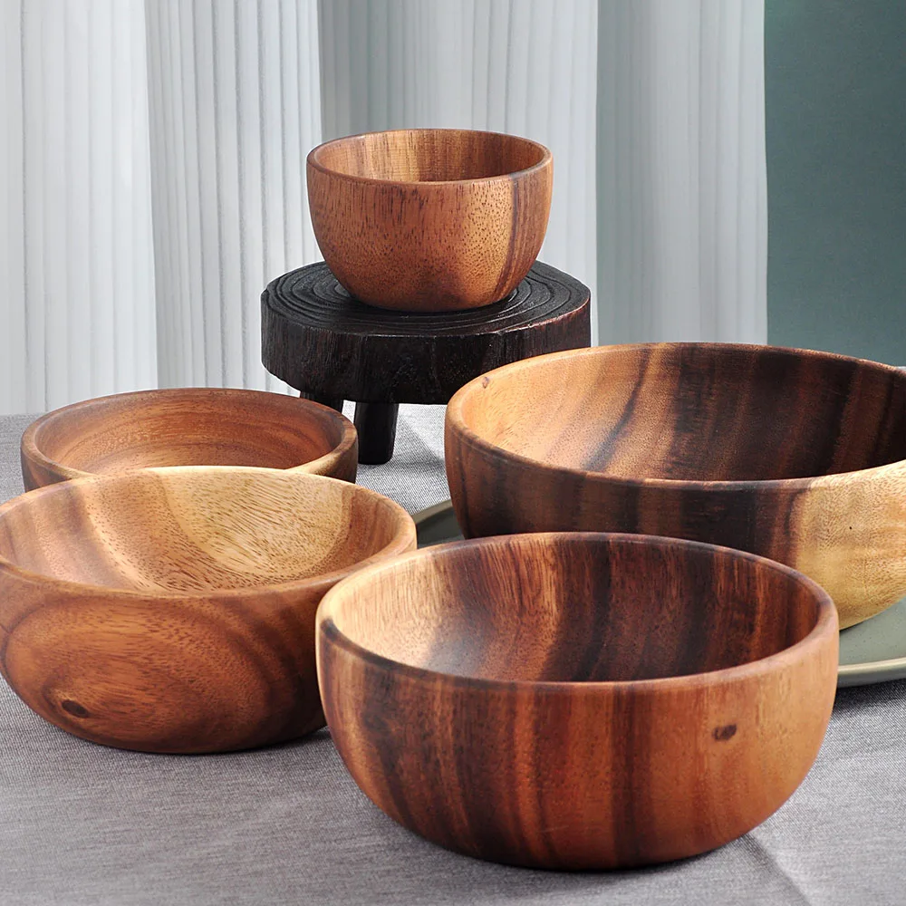 Jaswehome 1Pcs Wood Salad Bowl Natural Acacia Wood Handmade Salad Grains Dried Fruit Shallow Mouth Bowl Tableware