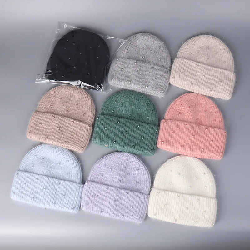 High-grade Rabbit Fur Knitted Wool Hat for Women Warm Temperament Winter Gentle Imitation Pearl Wool Beanie Hat Wholesale