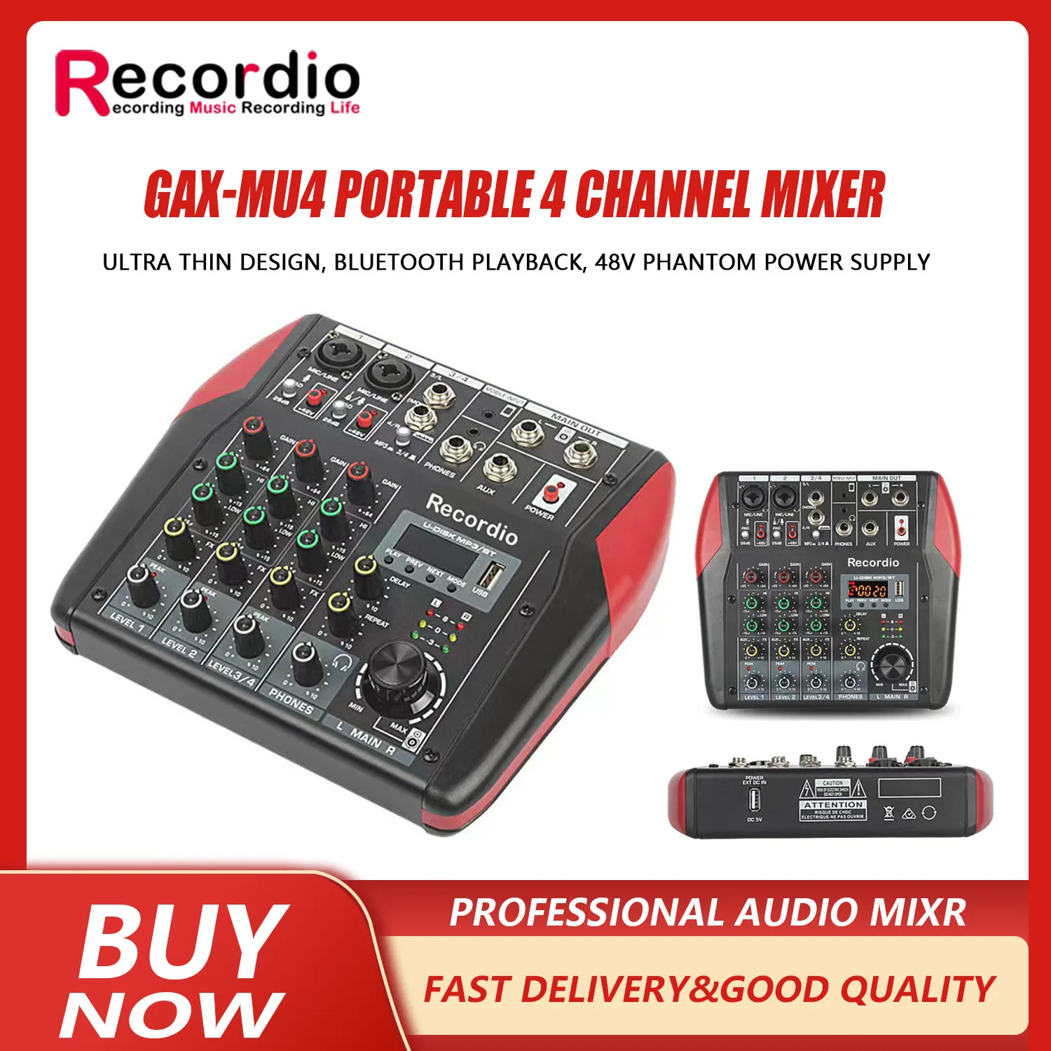 

GAX-MU4 4-Channel DJ Audio Mixing Console Support Blueteeth Monitor 48V Power for Karaoke Party Recording Webcasting