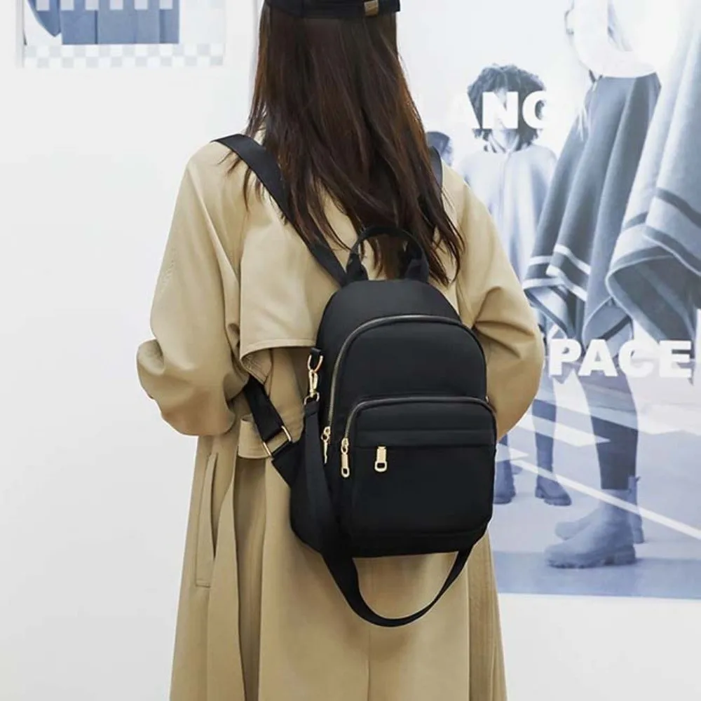 Portable Nylon School Backpack Large Capacity Solid Color Casual Tote Bag Plain Storage Bag Shoulder Bag Women