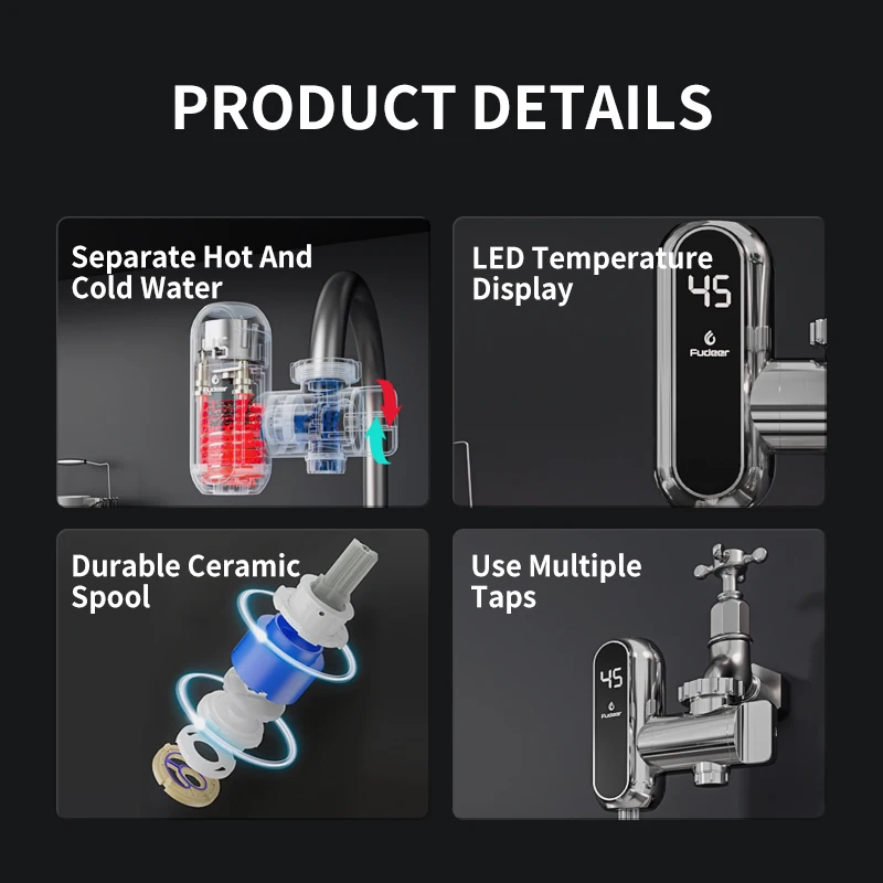 Fudeer Electric Kitchen Water Heater Tap Instant Hot Water Faucet Heater Cold Heating Faucet Tankless Instantaneous Water Heater