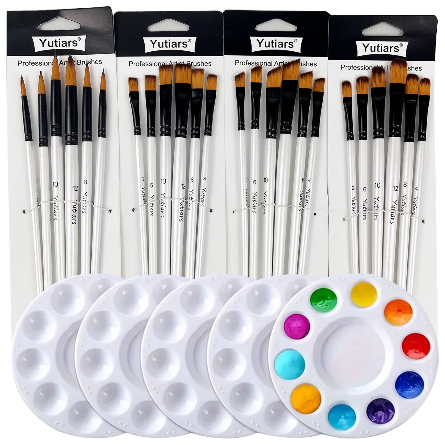 A Set of Brushes And Palettes: 24 Nylon Artist Brushes, Accompanied by 5 Round Palettes, Suitable for Acrylics, Watercolors.