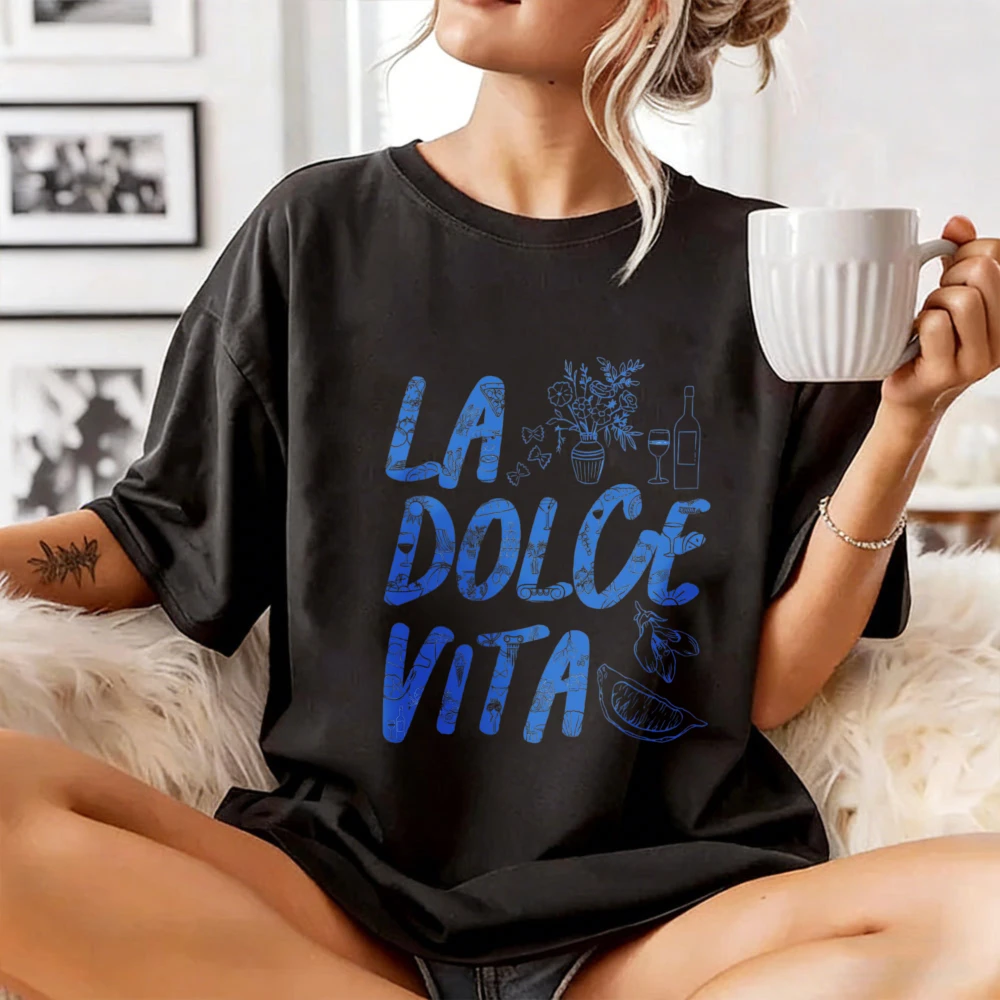 La Dolce Vita Tshirt Italian Summer Cotton Casual Tee Lemon Wine Coastal Aesthetic Women Men Tees Retro Tourist Souvenir Tshirt