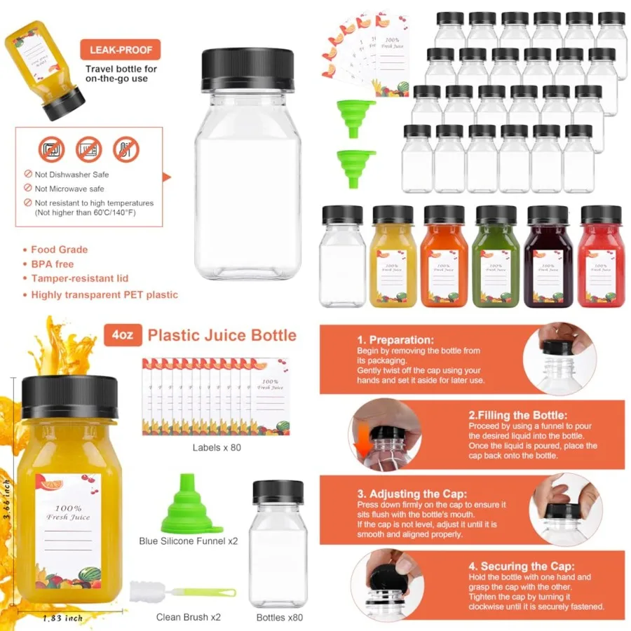 

80pcs Pcs Juice Bottles, Juice Bottle with Caps Reusable Empty Clear Bottles with Label, Funnel, Brush Bulk Beverage Containers