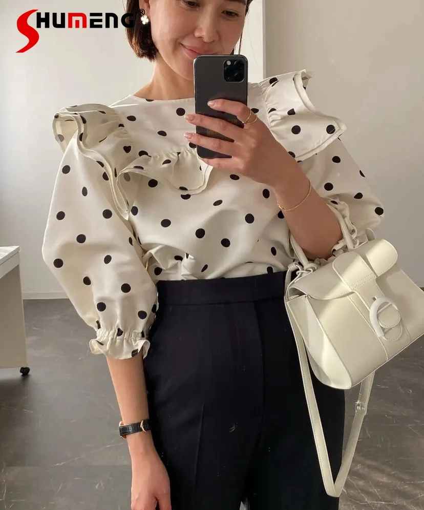 

Elegant Fashion Black Polka Dot Ruffled Vintage Commuter Shirt Tops Round Neck Puff Sleeve Loose Sweet Blouse Women Summer 2024