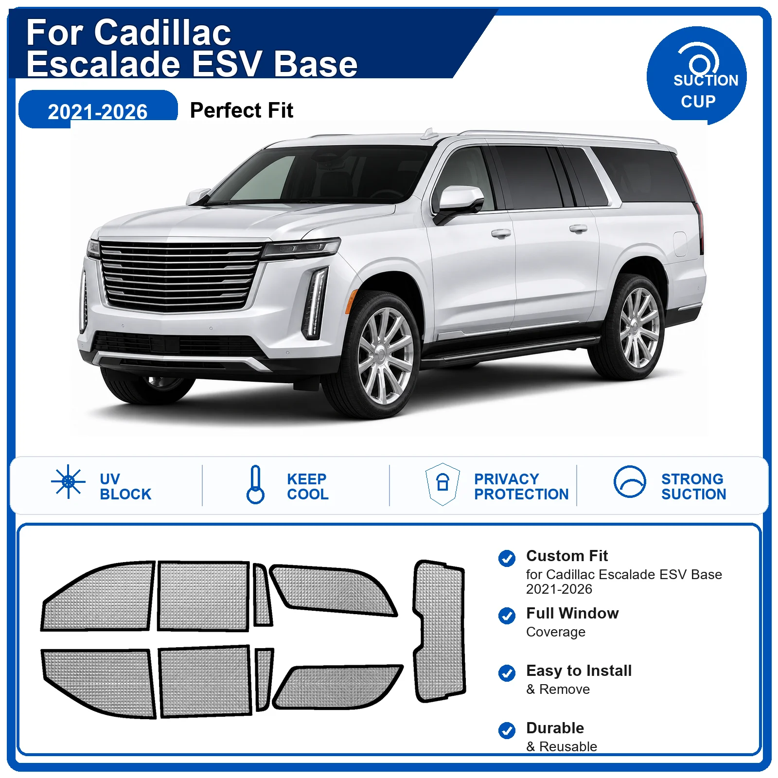 For Cadillac Escalade ESV Base 2021-2026 Custom Full Set Windshield Sun Shade Aluminum Foil Heat Insulation Anti UV Foldable