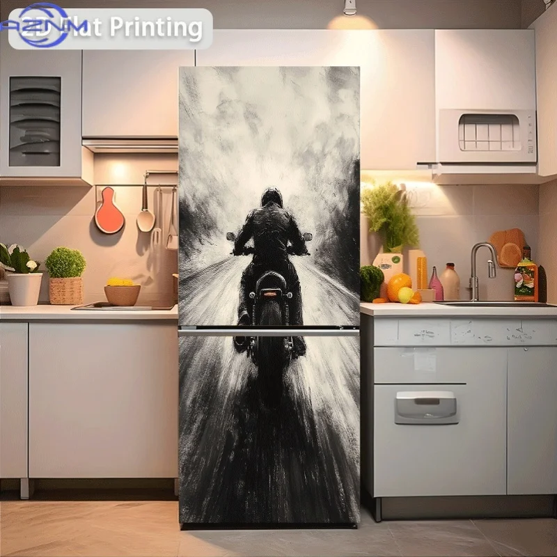 of Refrigerator Sticker Measuring 60X180 Cm Featuring a Motorcycle Rider, a Themed Wall Decal for Decoration, Self-Adhesive Wa