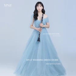 XPAY Sky Blue Fairy Tulle Long Prom Dresses Korea Customised Wedding Photo shoot Short Sleeves Corset Back Elegant Evening Gown