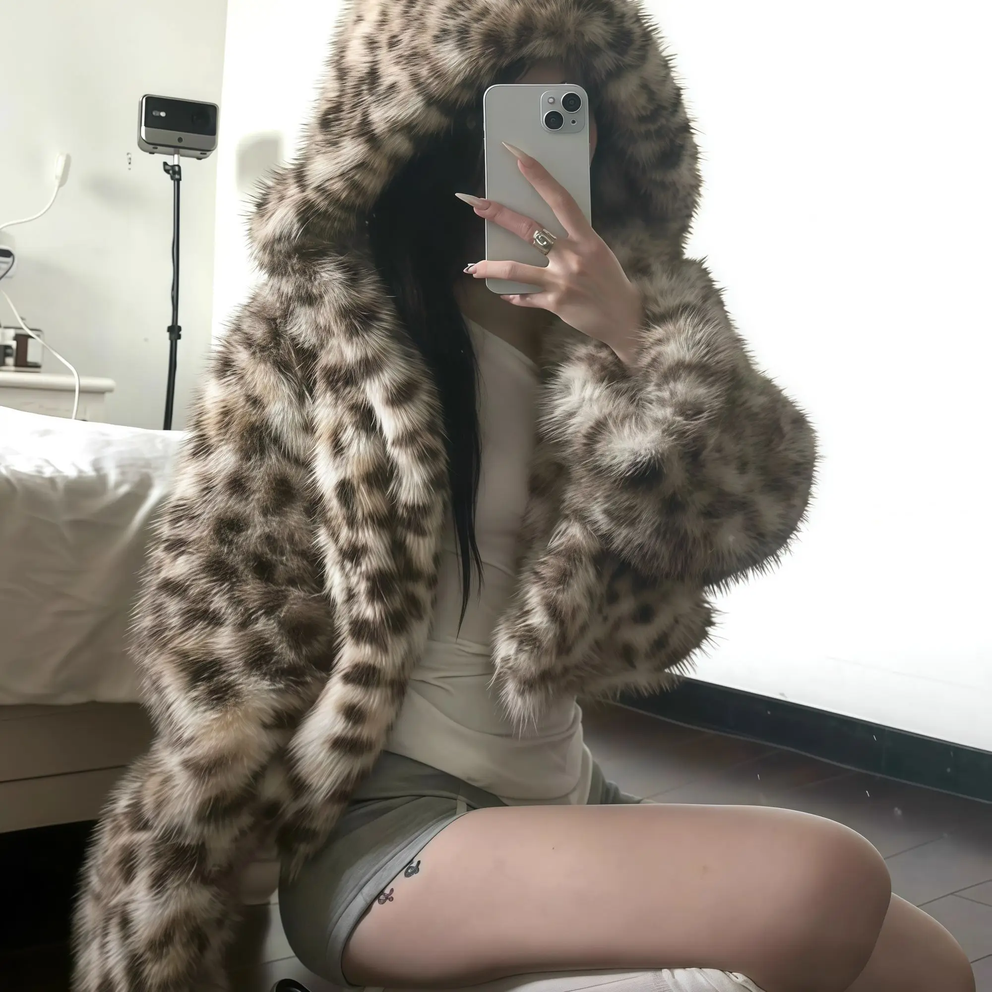 

Women New Leopard Print Fox Fur Hooded Short Coat Warm Cozy Faux Fur Autumn Winter Loose Fit Jacket