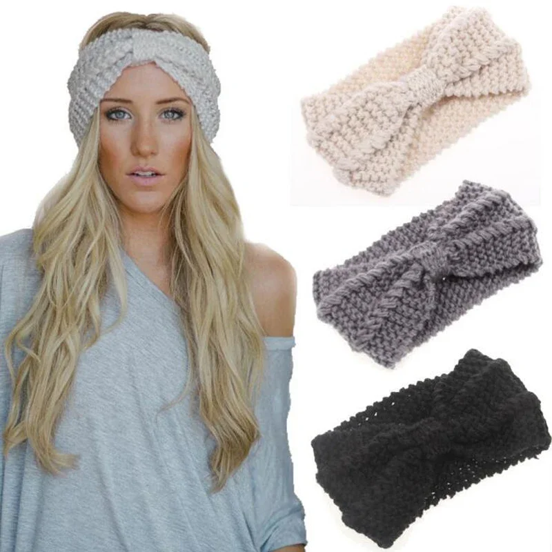 

Winter Ear Warmer Knitted Headband Turban For Women Bow Knot Headwears Stretch Hairbands Lady Headwrap Girls Hair Accessories XM