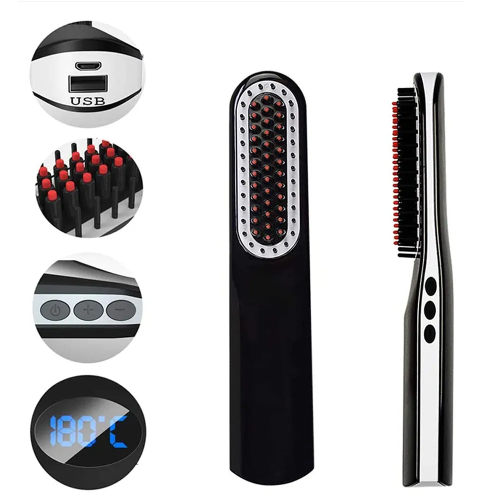 Wireless Men Quick Beard Straightener Hair Style Comb LCD Multifunctional Cordless USB Charging  Straightening Brush