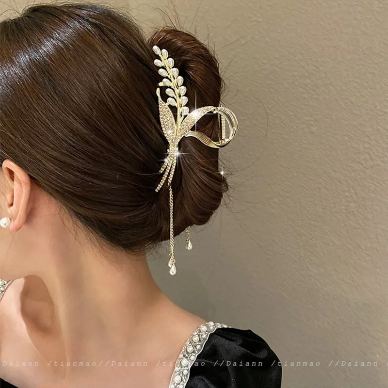 2023 New Wheat Pearl Tassel Hair Claw Clip Vintage Rhinestone Hairgrip Barrettes Antique Hairpin For Women Hair Accessories Gift