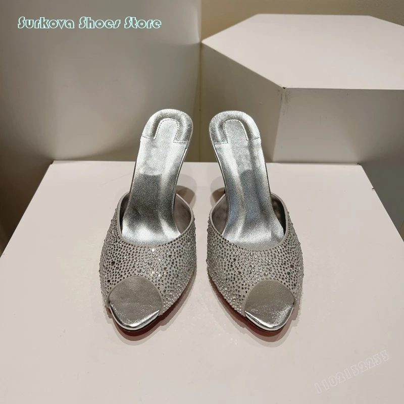 Surkova Hardware Crystal Covered Peep Toe Modern Slippers Women Sexy Slip On Thin High Heels Shoes Fashion Outdoor Casual Shoes