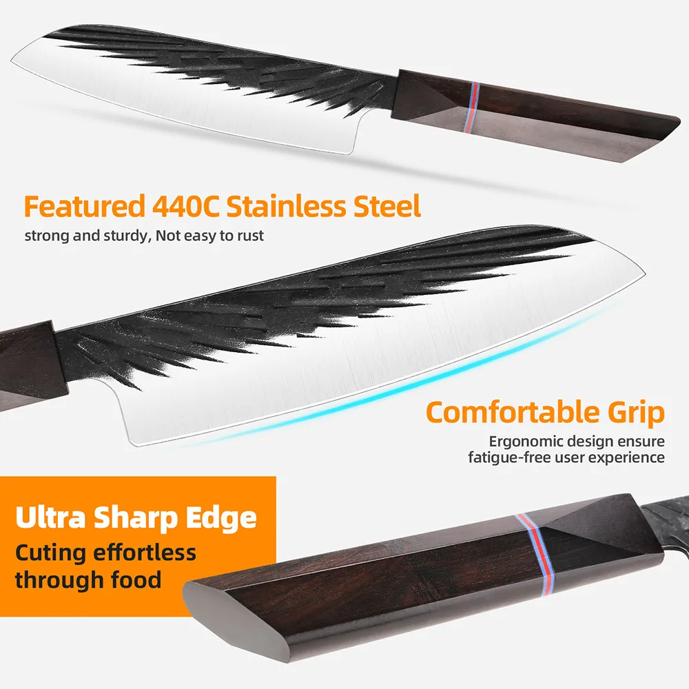 WILDMOK 7 Inch Handmade Santoku Knife Ebony Wood Octagonal Handle- MultiPurpose Stainless Steel Kitchen Knife