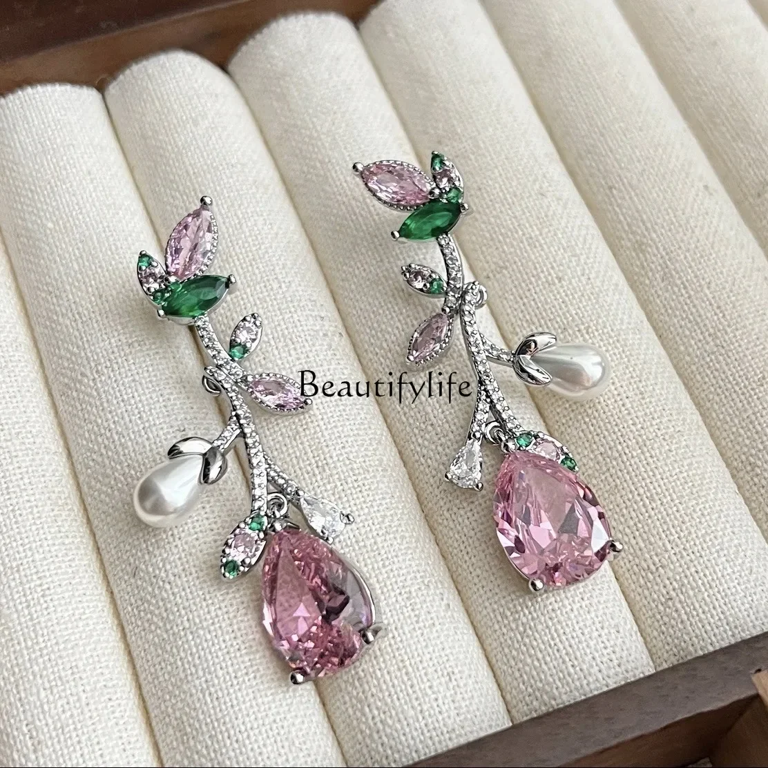 

High-end design pink flower branch zircon long thin modified face women's earrings