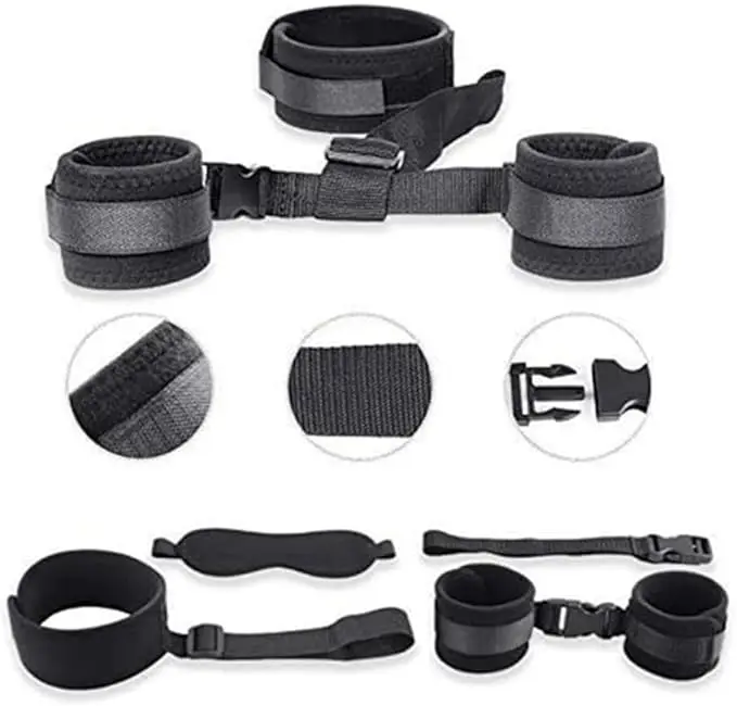 

Sex Bondage Set BDSM Restraints Straps Bed Neck to Wrist Hand Cuffs with Soft Blindfold Collar Bed Restraints Kit Adult Bondaged