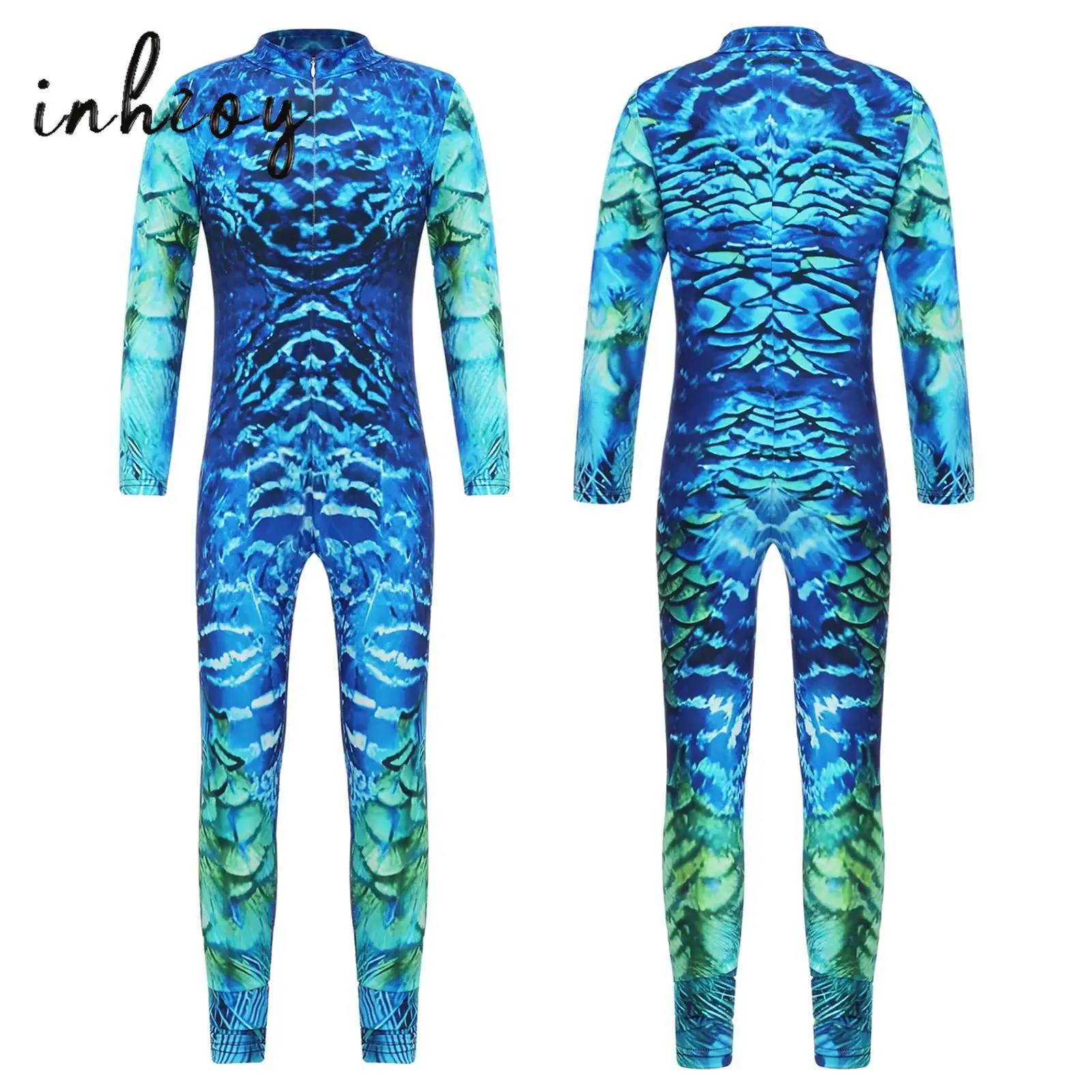 

Mermaid Fish Scale Jumpsuit for Kids Halloween Costume Long Sleeve Skinny Catsuit 3D Print Full Length Bodysuit Cosplay Outfits