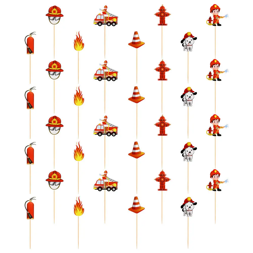 32Pcs Firefighter Cupcake Toppers Paper Wood Safe Cake Decor Fire Engine Rescue Theme Birthday Party Supplies Cake Decorating