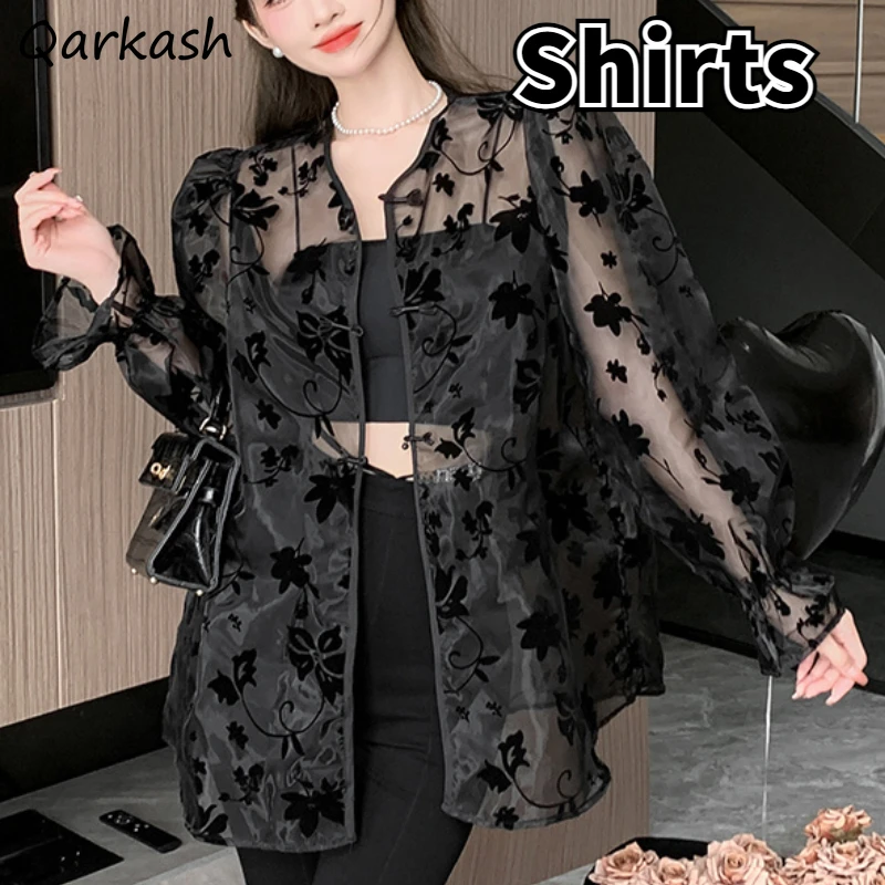 

Солнцезащитные рубашки с цветочным принтом, женская одежда, прозрачная винтажная летняя эстетичная дышащая женская уличная одежда в китайском стиле, повседневная темпераментная одежда