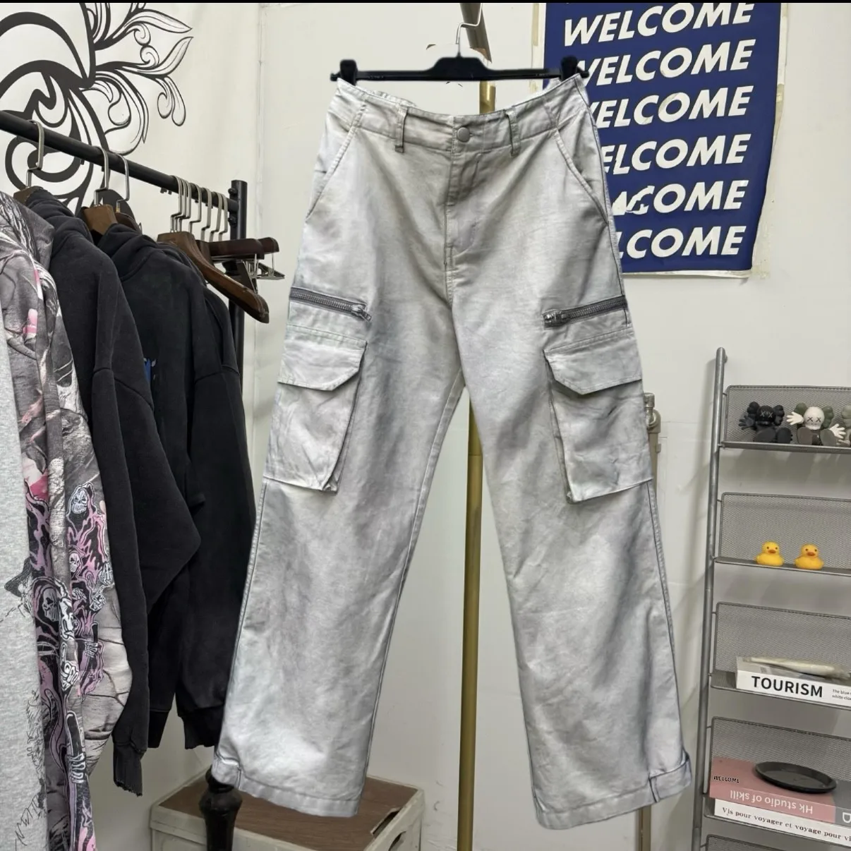 

Wang Sulu False Perception Bomber Zipper ket Waed Faded Прямые брюки для спецодежды с высокой талией Хлопок Полиэстер