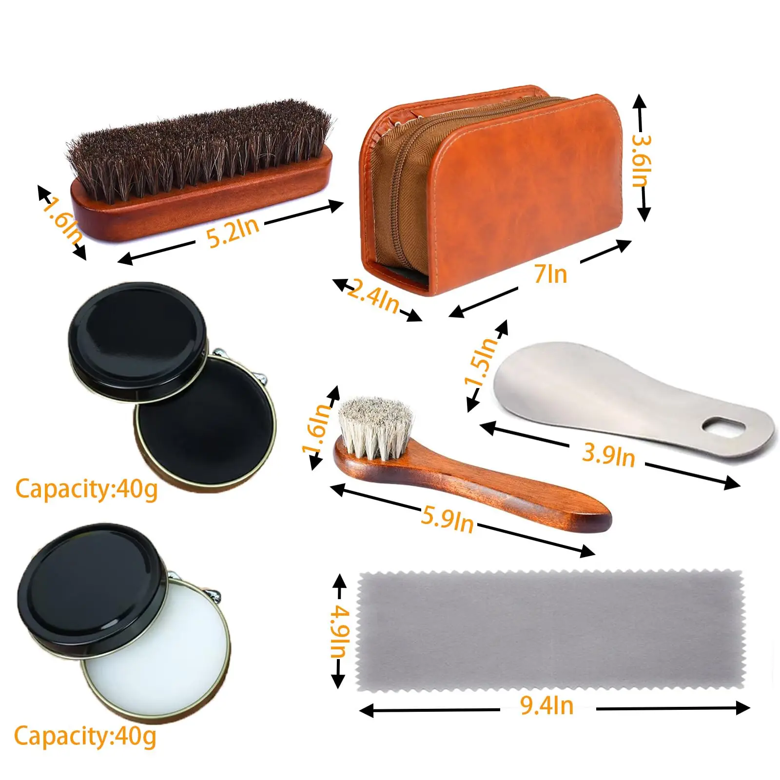 Shoe Care Kit,includes a Medium Horsehair Shoe Brush, a Long-Handled Round Brush, White Shoe Polish, a Black Shoe Polish, a Poli