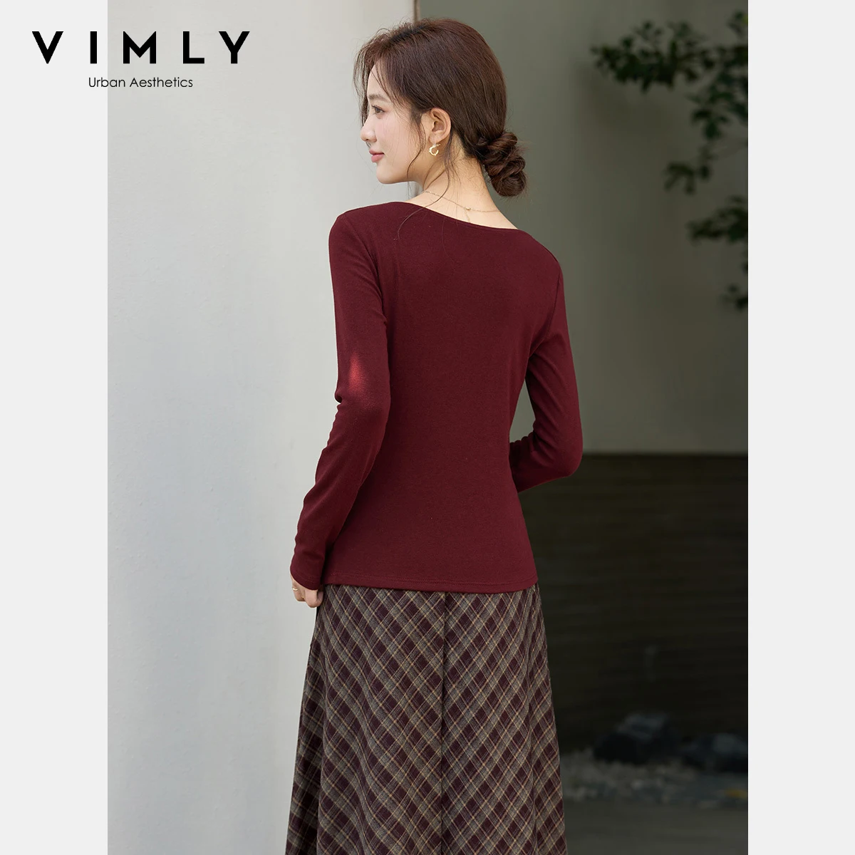 VIMLY 여성 티셔츠 캐주얼 가을 2025 사이드 타이 슬래시 넥 니트 여성 티셔츠 우아하고 섹시한 슬림 핏 긴팔 여성 상의 A3289
