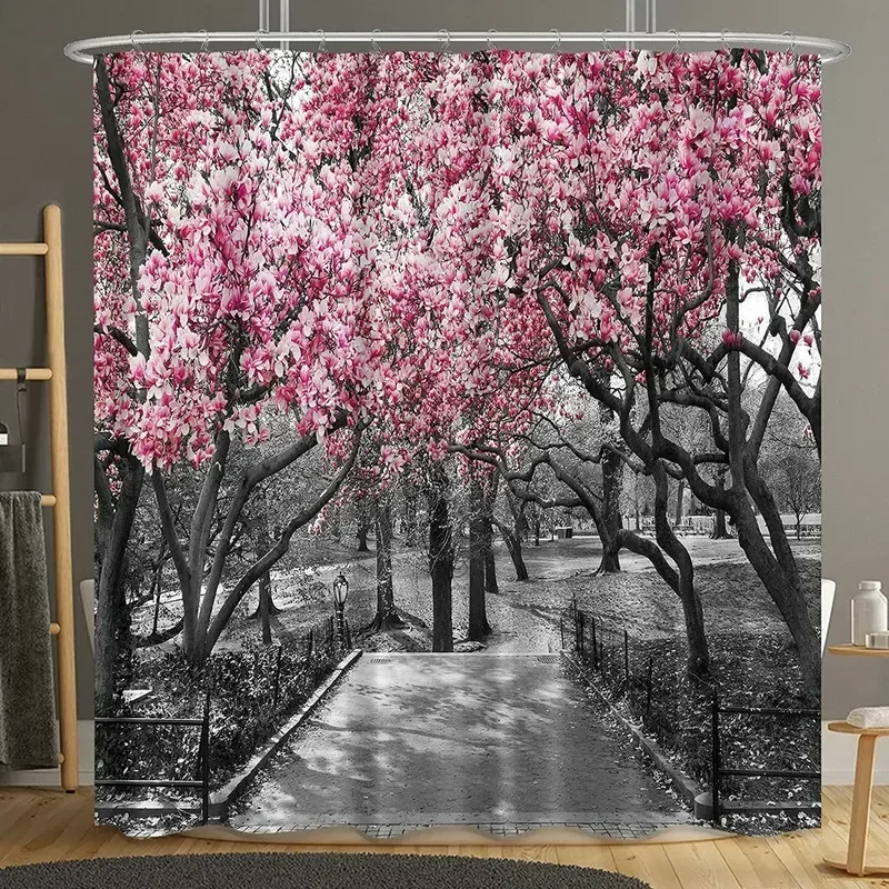 Blooming Pink Gray Forest Flowers Shower Curtain Cherry Blossoms Park Spring Floral Trees Road Landscape Scenic Bathroom Decor