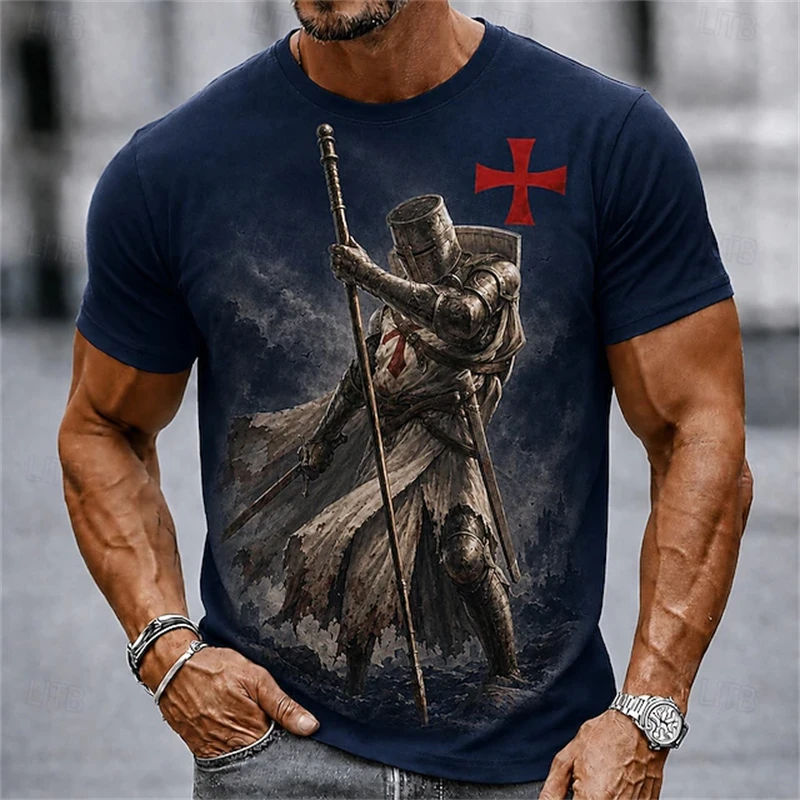 2026 Summer Retro Mens Knights Templar Crusader T-Shirt Short-Sleeve T-Shirt 3D-Printed Crew Neck Religious Style Festive Outfit