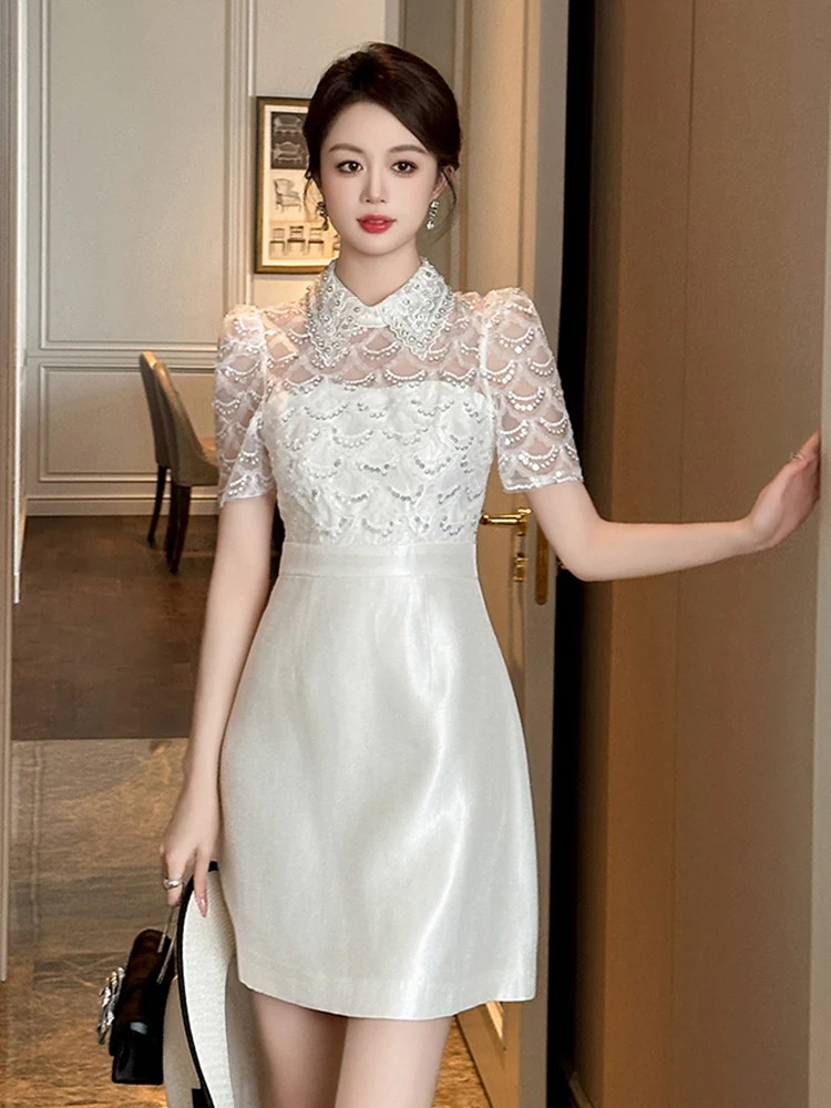 Summer White Satin Elegant Luxury A-Line Short Dress Women Clothes Retro Sequin Sheer Sexy Puff Sleeve Slim Party Prom Vestidos