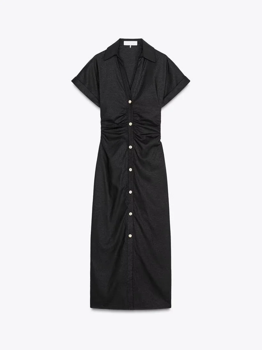 Summer New Women's Linen Comfortable ort Sve V-ne Midi Dr Retro Waist-cinched A-line Long Skirt Single-button Closure