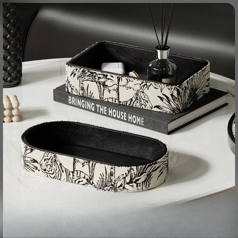 Rustic Jacquard Entryway Tray, Vintage Cosmetic & Jewelry Organizer, Tribal Print Desktop Catchall Dish，Organizer with Handles