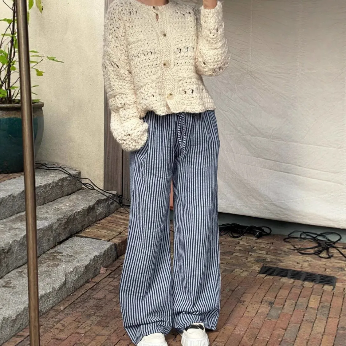 Été mince rayé imprimé femmes pantalons décontractés taille haute Dstring haute élastique Polyester tissu décontracté Sle