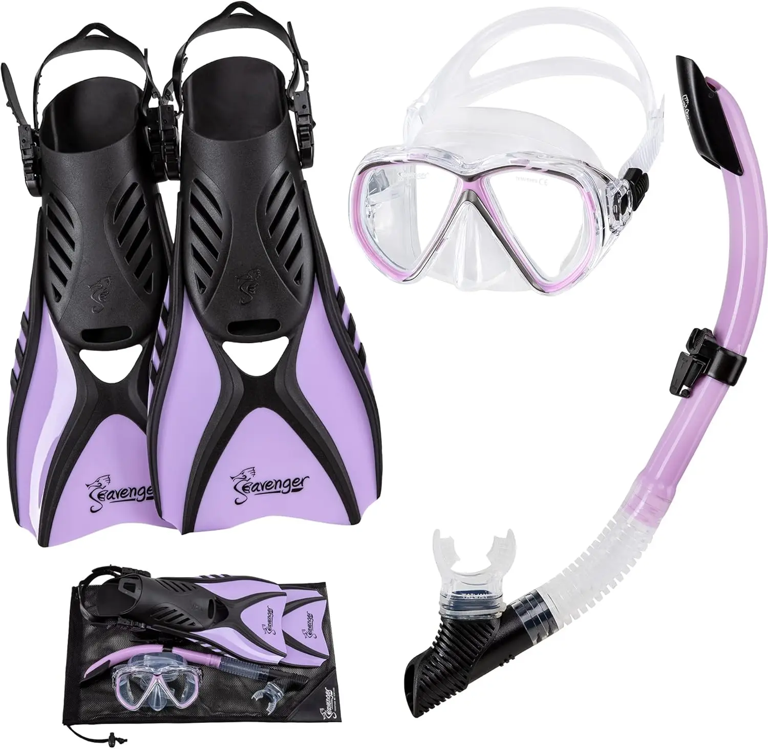 

4-Piece Anti-Fog Snorkeling Set with Soft-Flex Dry Snorkel, Adjustable Open-Heel Fins, Twin-Lens Mask, and Mesh Carry Bag