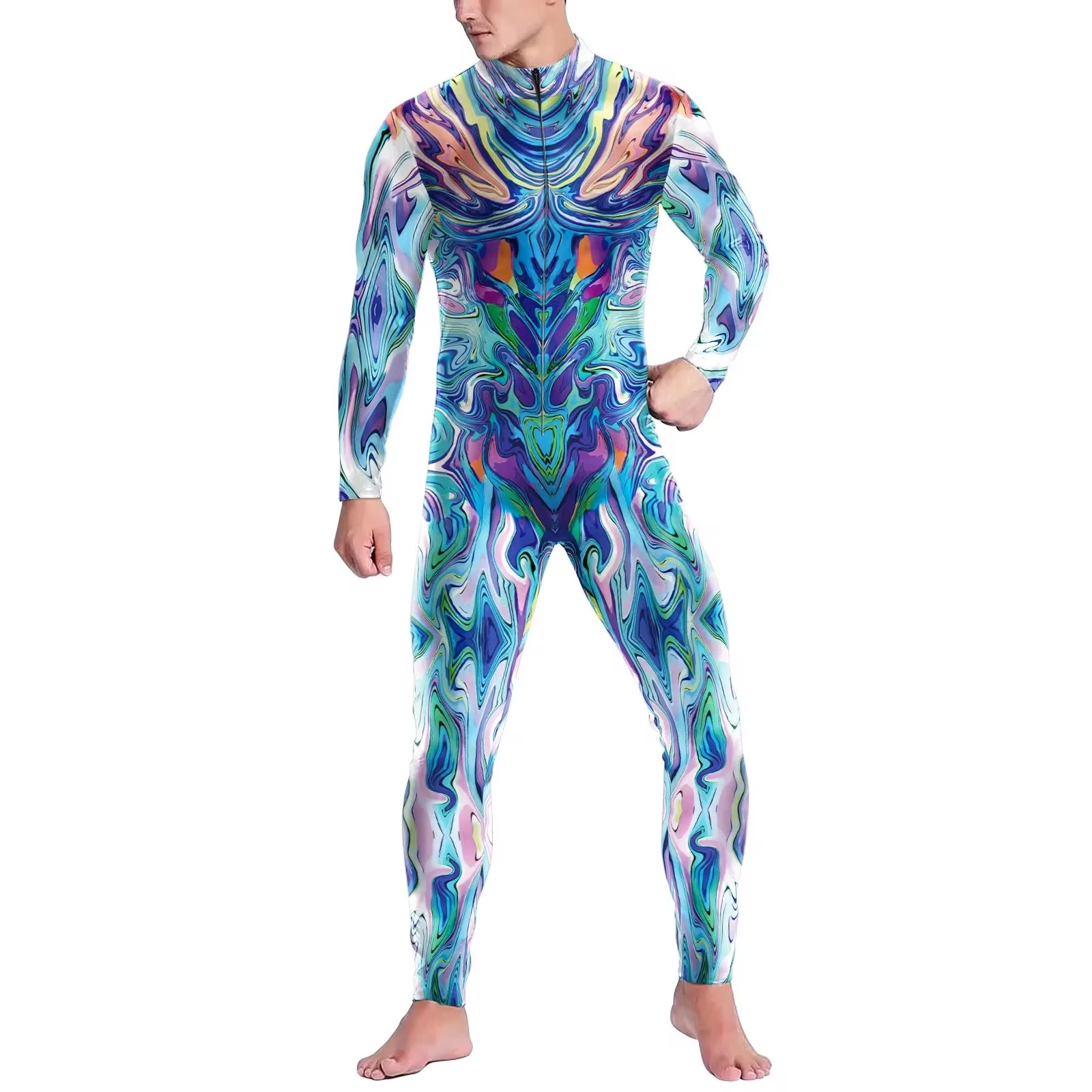 Halloween Men's Abstract Smudge Art Bodysuit Front Zipper Shaping Cosplay Costume Carnival Party Dress Up Nightclub Style Jumpsu