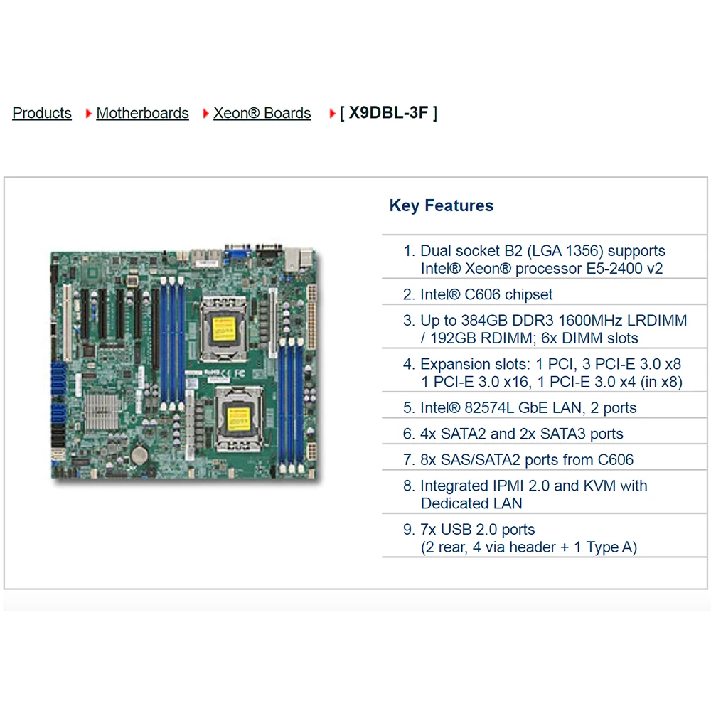 X9DBL-3F Pour sourire micro Serveur Bidirectionnel Carte Mère LGA 1356 Intel C606 DDR3 Xeon Processeur E5-2400 et E5-2400 v2 Entièrement Testé