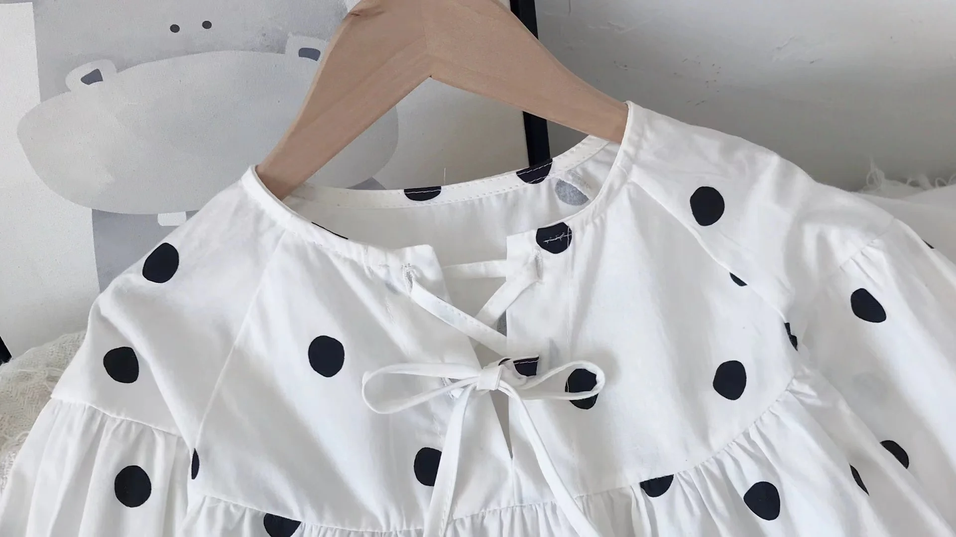 Girls Shirt 2023 Fall New Korean Baby Girl Doll Shirt Long-Sleeved Polka Dot Bubble Sleeve Blouse