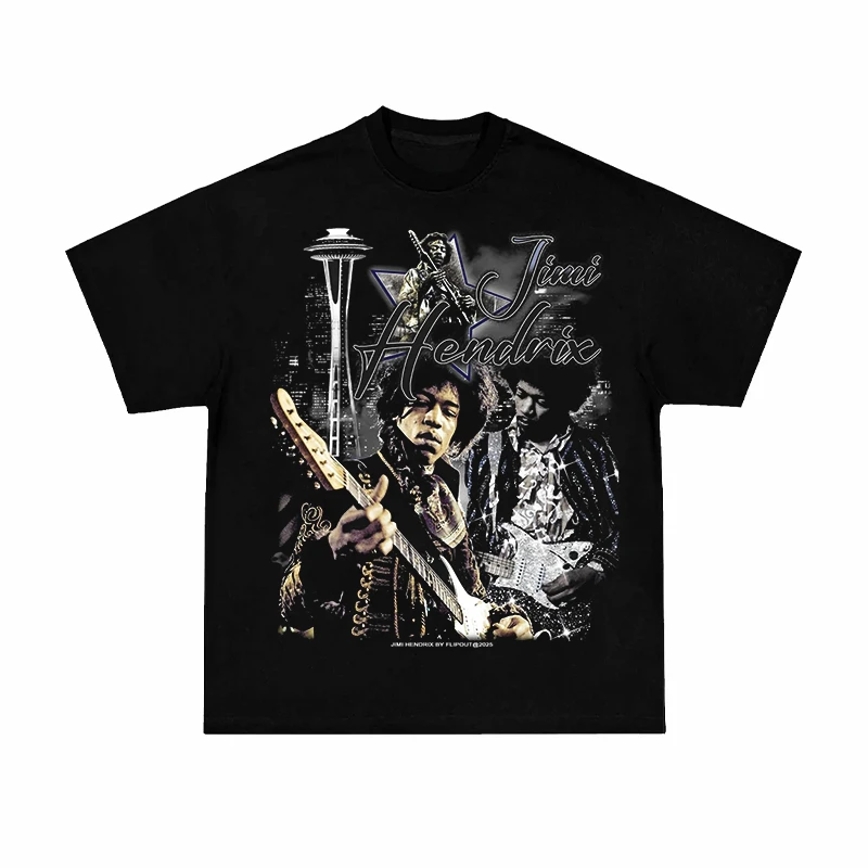 

Summer Fashion 2025 Jimi Hendrix American retro heavy cotton short sleeve T-shirt men's and women's concert clothes