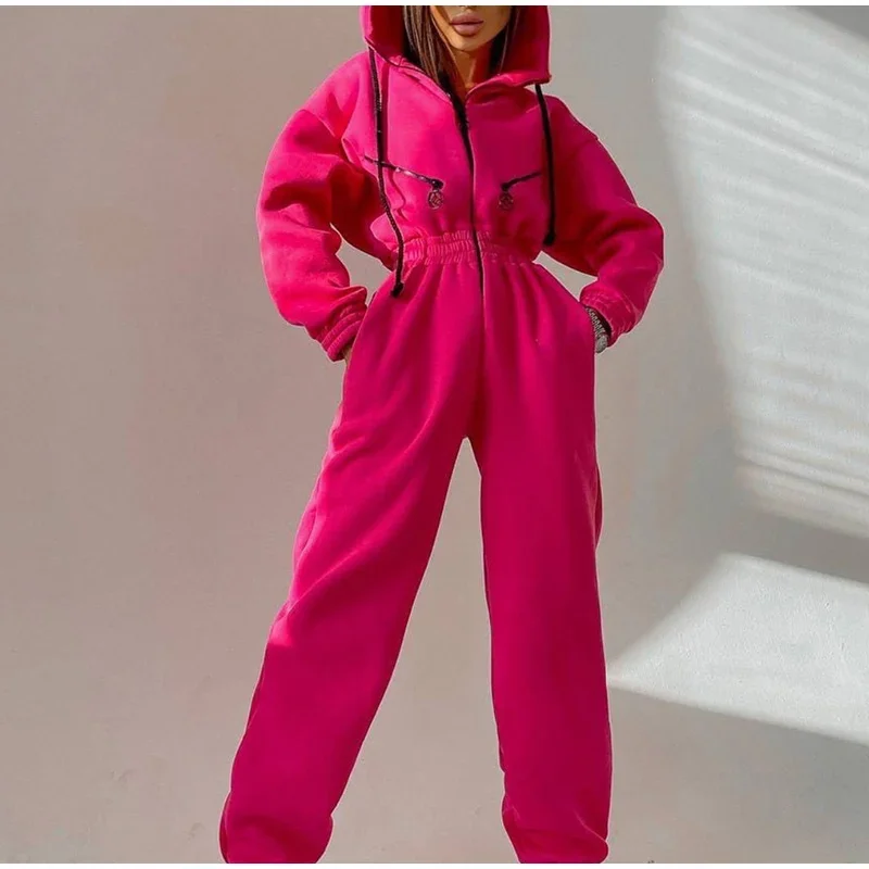 New Sports and Leisure Women\'s Hooded One-piece Pants Suit