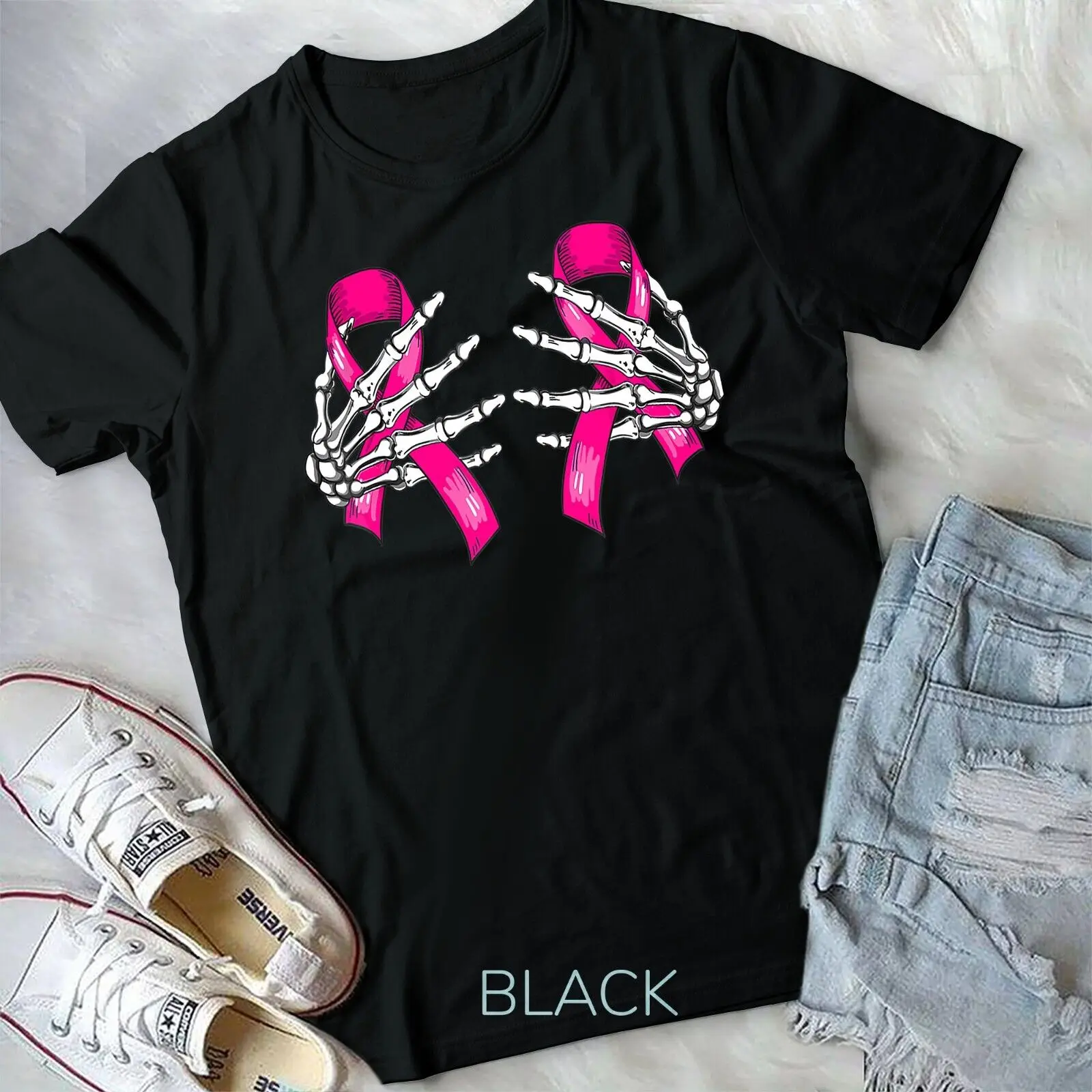 Boob Skeleton Hand On Breast Cancer Ribbon Halloween Womens Unisex T-shirt