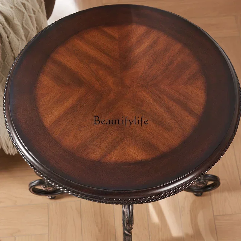 yj21  American Style Side Table Sofa Round Table Solid Wood Iron Legs Vintage Leisure