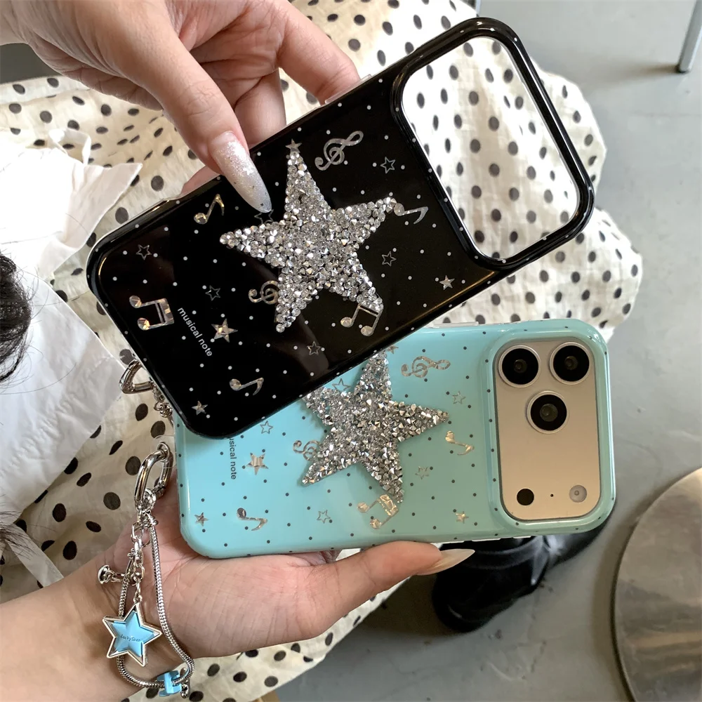 Glitter Silver Star Music Note Phone Case For iPhone 15 16 17 Pro Max Y2K Polka Dot Glossy Window Shockproof Phone Cover