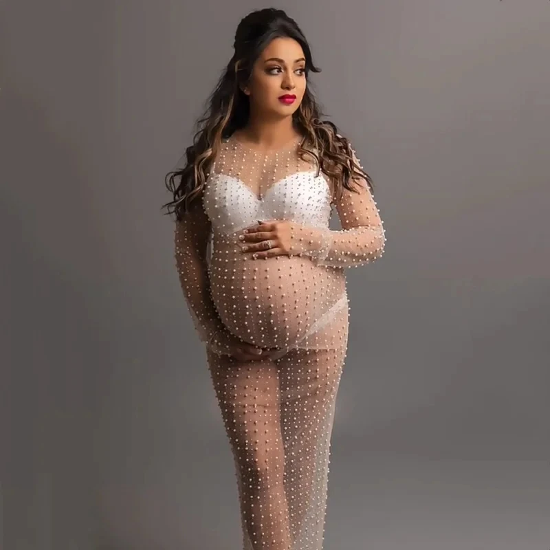 New Mesh See Through Maternity Photography Long Dresses Pearl Transparent Tulle Pregnancy Photo Shoot Dress For Women Gown Party