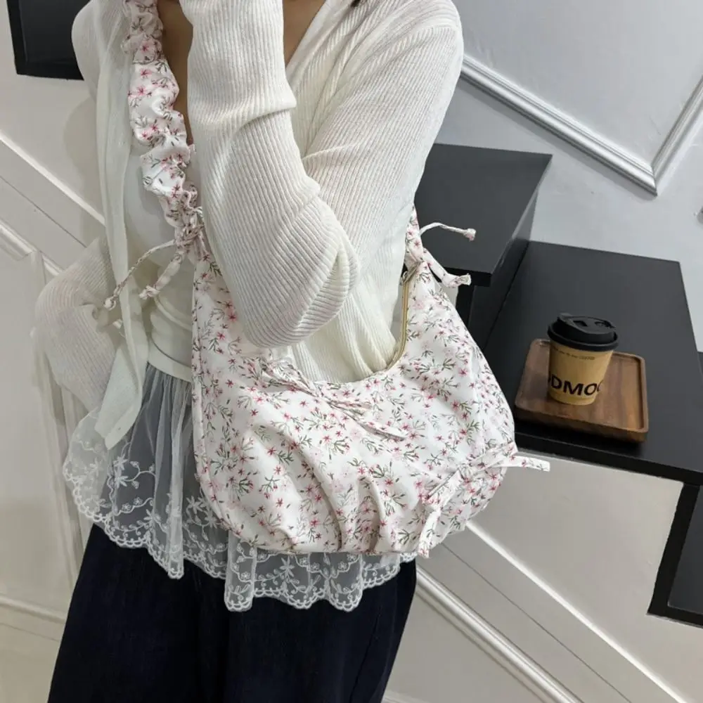 

Fashion Gentle Bow Pleated Bag Y2k Zipper Flower Shoulder Bag Sweet Casual Crossbody Bag Ladies