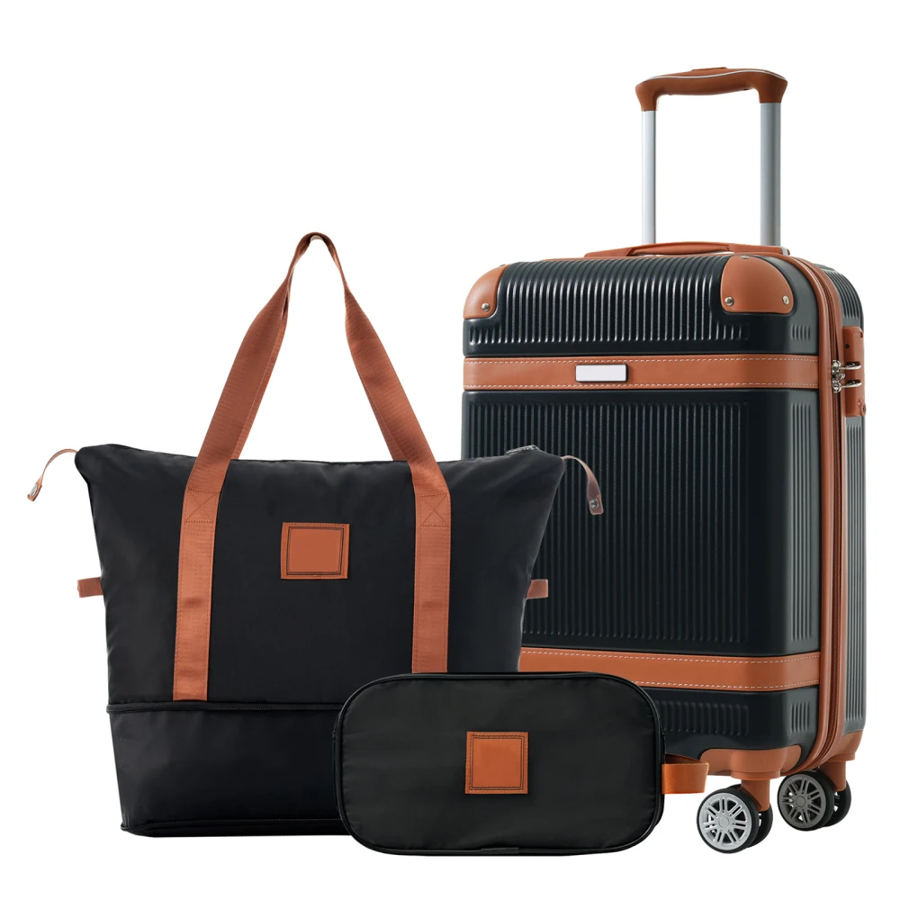 Hardshell bagagesets 3-delige handbagage dubbele spinnerwielen met TSA-slot voor heren dames, zwart (20 inch)